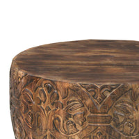 33 Inch Round Coffee Table with Damask Carved Pattern and Wooden Frame, Walnut Brown - UPT-270560