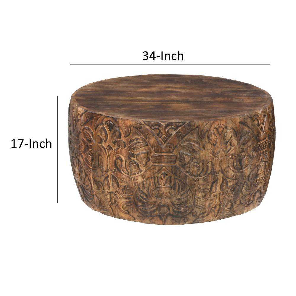 33 Inch Round Coffee Table with Damask Carved Pattern and Wooden Frame, Walnut Brown - UPT-270560