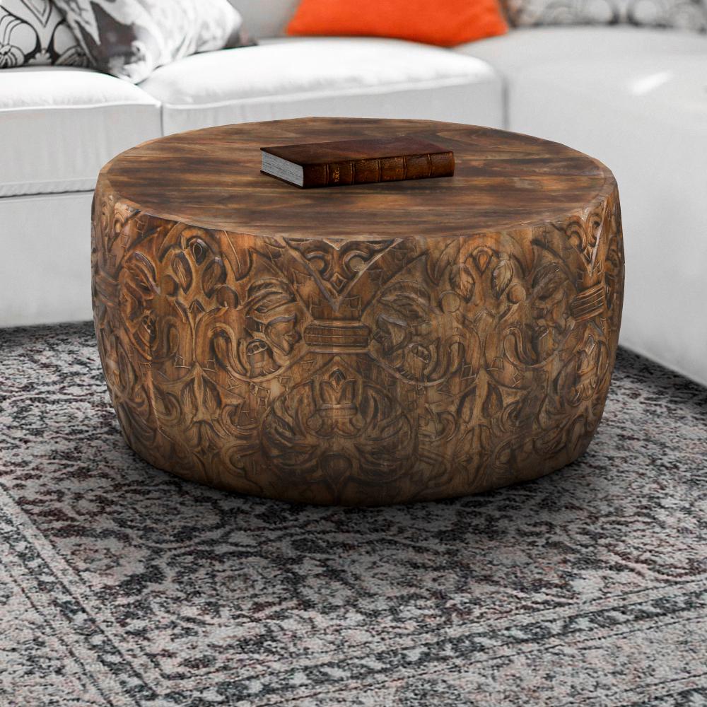 33 Inch Round Coffee Table with Damask Carved Pattern and Wooden Frame, Walnut Brown - UPT-270560