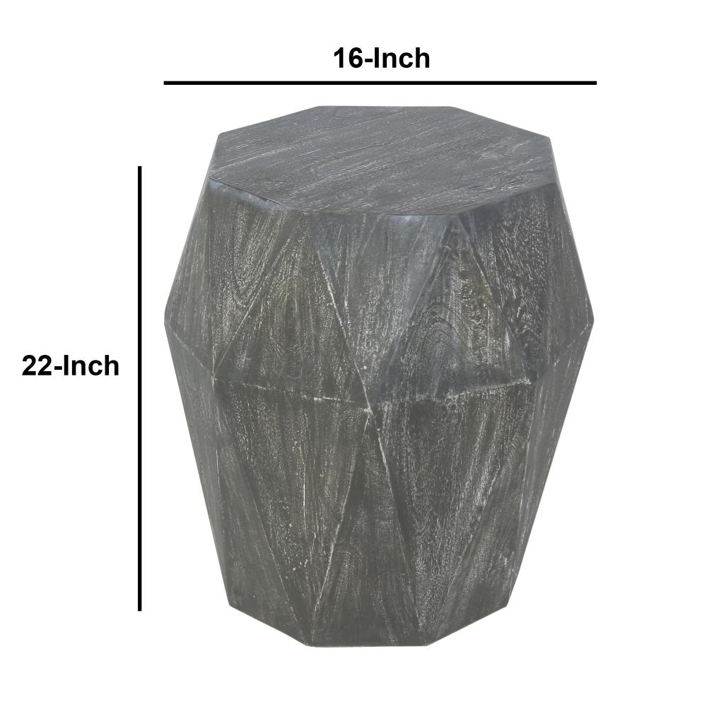 Ashton 22 Inch Mango Wood Side End Table, Octagonal, Faceted, Chiseled Edges, Rustic Gray - UPT-270561