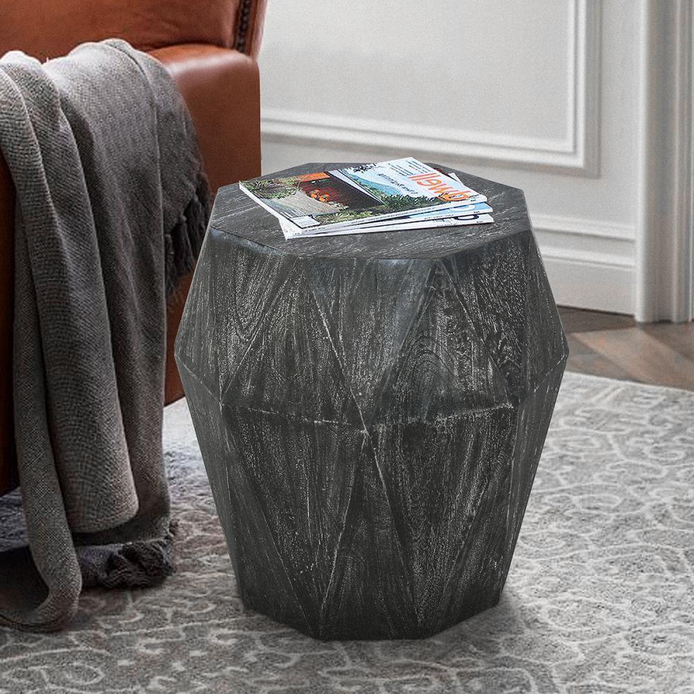 Ashton 22 Inch Mango Wood Side End Table, Octagonal, Faceted, Chiseled Edges, Rustic Gray - UPT-270561