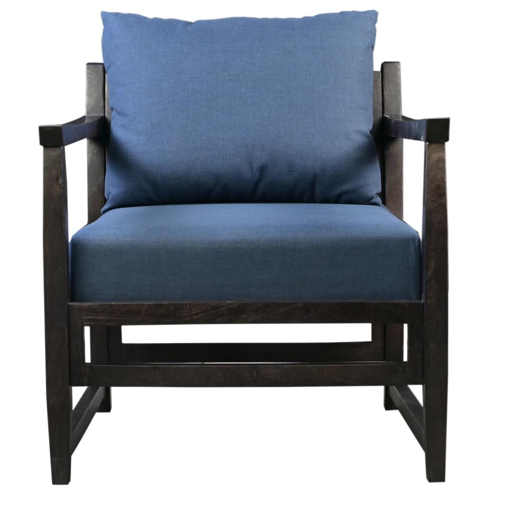 Malibu 27 Inch Handcrafted Mango Wood Accent Chair, Fabric, Pillow Back, Open Frame, Blue, Black - UPT-270563