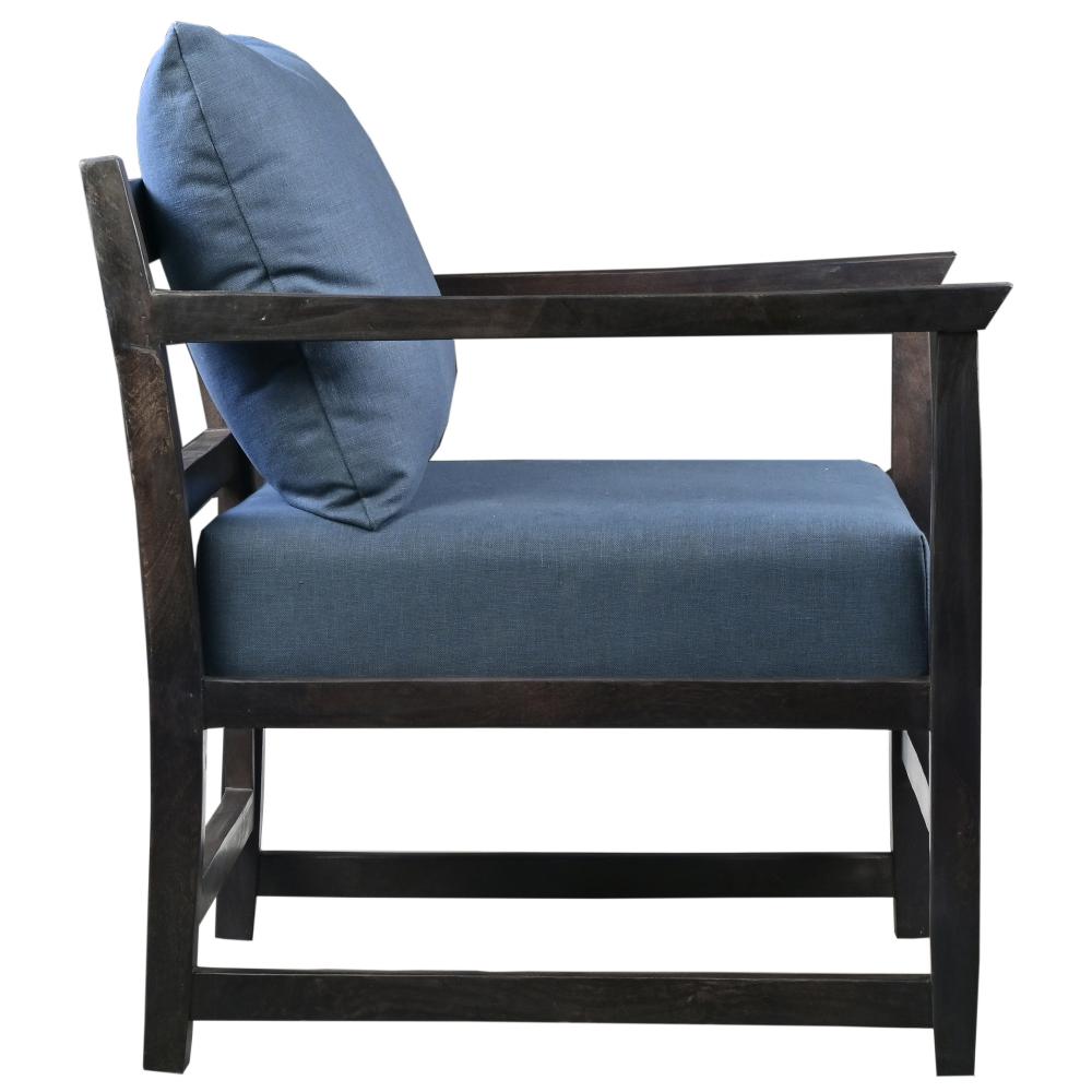 Malibu 27 Inch Handcrafted Mango Wood Accent Chair, Fabric, Pillow Back, Open Frame, Blue, Black - UPT-270563