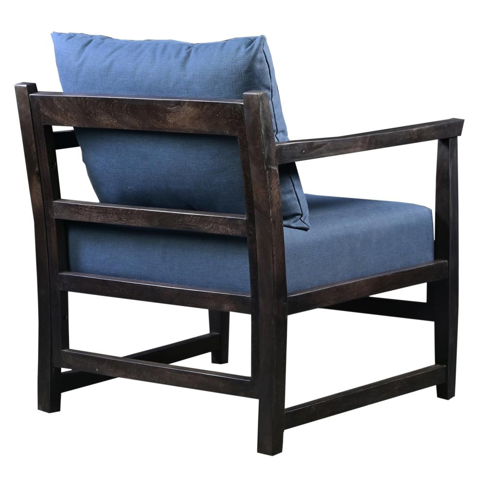 Malibu 27 Inch Handcrafted Mango Wood Accent Chair, Fabric, Pillow Back, Open Frame, Blue, Black - UPT-270563