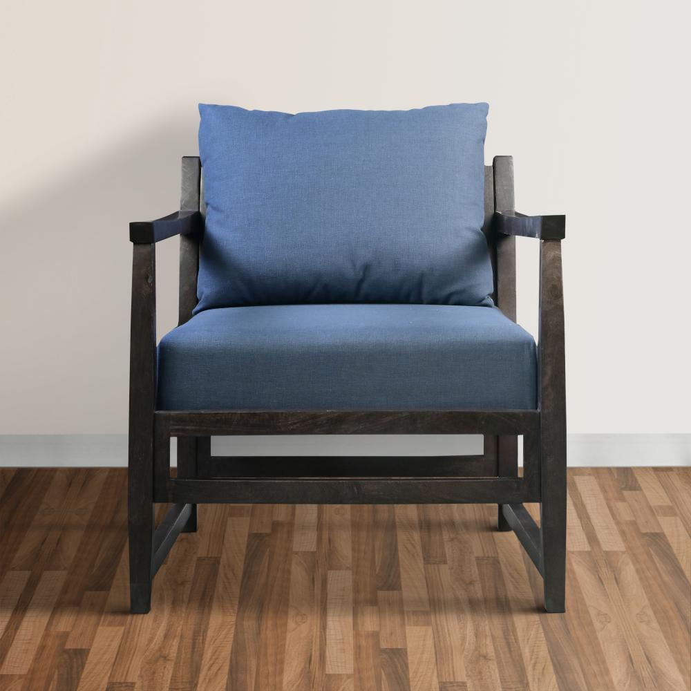 Malibu 27 Inch Handcrafted Mango Wood Accent Chair, Fabric, Pillow Back, Open Frame, Blue, Black - UPT-270563