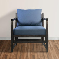 Malibu 27 Inch Handcrafted Mango Wood Accent Chair, Fabric, Pillow Back, Open Frame, Blue, Black - UPT-270563