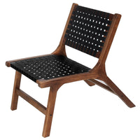 36 Inch Mango Wood Accent Chair, Woven Genuine Leather Seat, Walnut Brown, Black  - UPT-271292