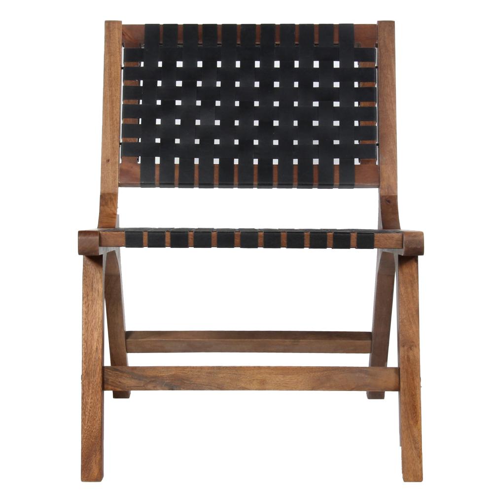 36 Inch Mango Wood Accent Chair, Woven Genuine Leather Seat, Walnut Brown, Black  - UPT-271292