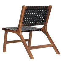 36 Inch Mango Wood Accent Chair, Woven Genuine Leather Seat, Walnut Brown, Black  - UPT-271292