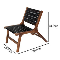 36 Inch Mango Wood Accent Chair, Woven Genuine Leather Seat, Walnut Brown, Black  - UPT-271292