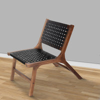 36 Inch Mango Wood Accent Chair, Woven Genuine Leather Seat, Walnut Brown, Black  - UPT-271292