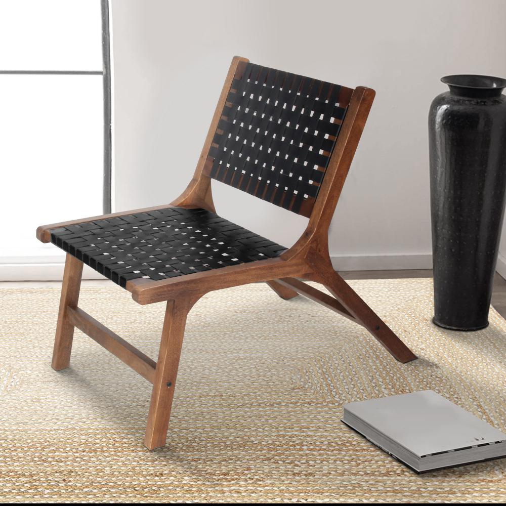 36 Inch Mango Wood Accent Chair, Woven Genuine Leather Seat, Walnut Brown, Black  - UPT-271292