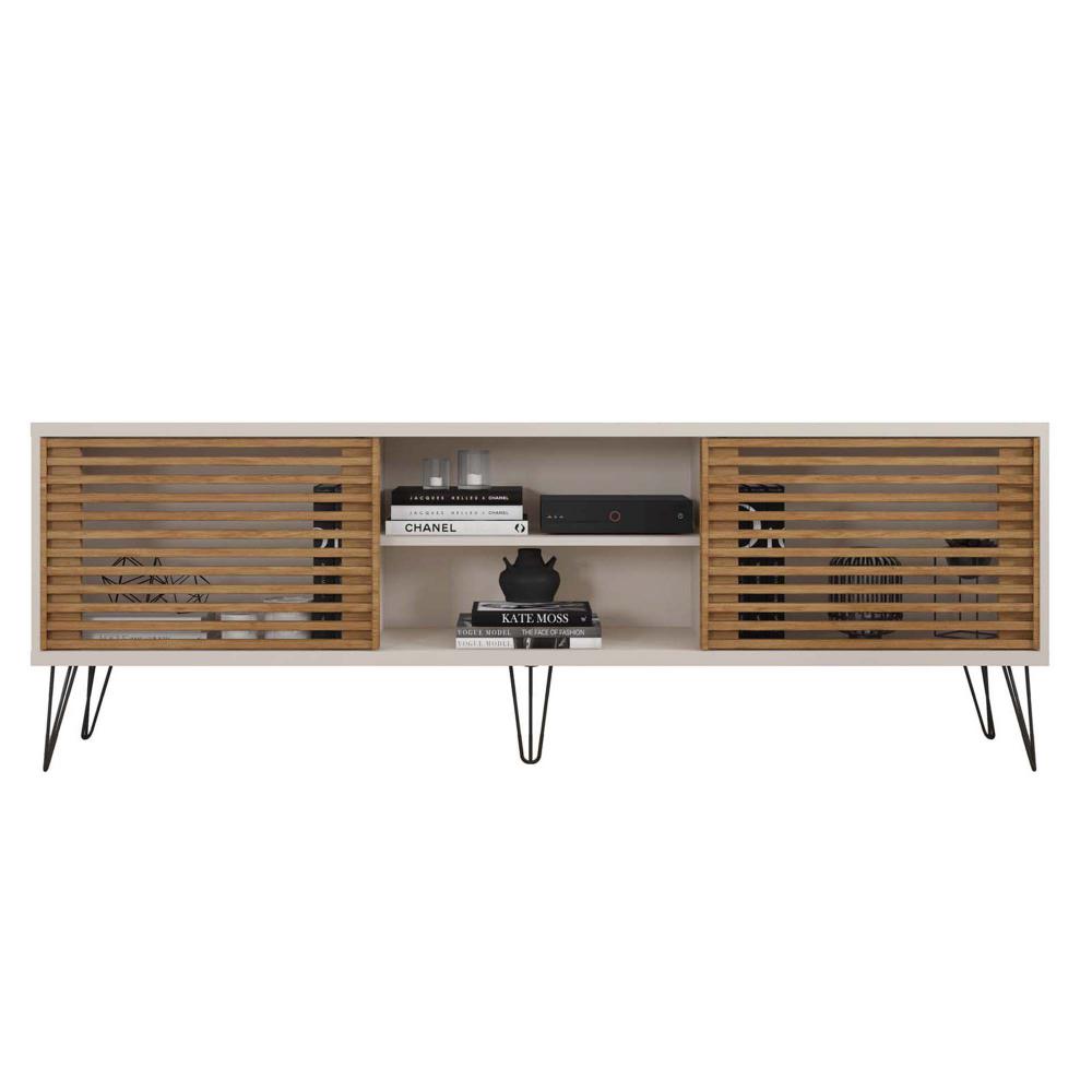 71 Inch Arthur Wooden TV Stand with 2 Slatted Sliding Doors, Brown and Off White - UPT-271300