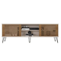 71 Inch Arthur Wooden TV Stand with 2 Slatted Sliding Doors, Brown and Off White - UPT-271300