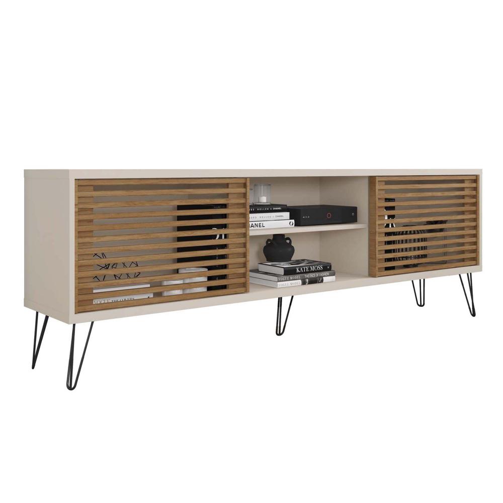 71 Inch Arthur Wooden TV Stand with 2 Slatted Sliding Doors, Brown and Off White - UPT-271300