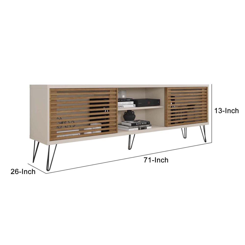 71 Inch Arthur Wooden TV Stand with 2 Slatted Sliding Doors, Brown and Off White - UPT-271300