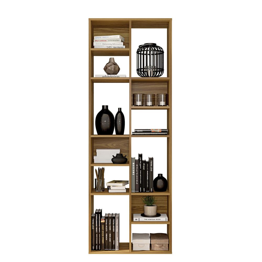 Valerie 69 Inch Wood Bookcase, 12 Shelves, Handcrafted, Grain Details, Walnut Brown - UPT-271308