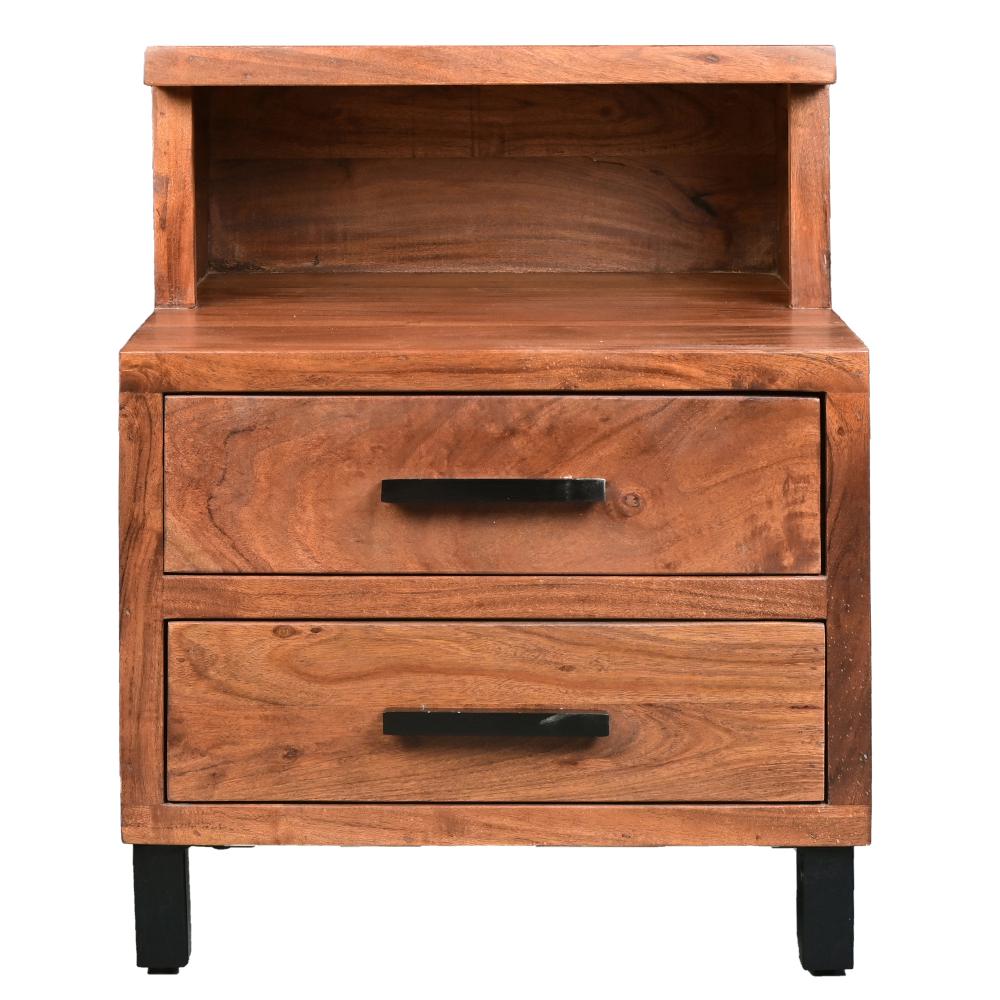 22 Inch Acacia Wood Nightstand, Bedside Table with 2 Drawers and Open Cubby, Walnut Brown - UPT-272520