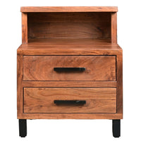 22 Inch Acacia Wood Nightstand, Bedside Table with 2 Drawers and Open Cubby, Walnut Brown - UPT-272520