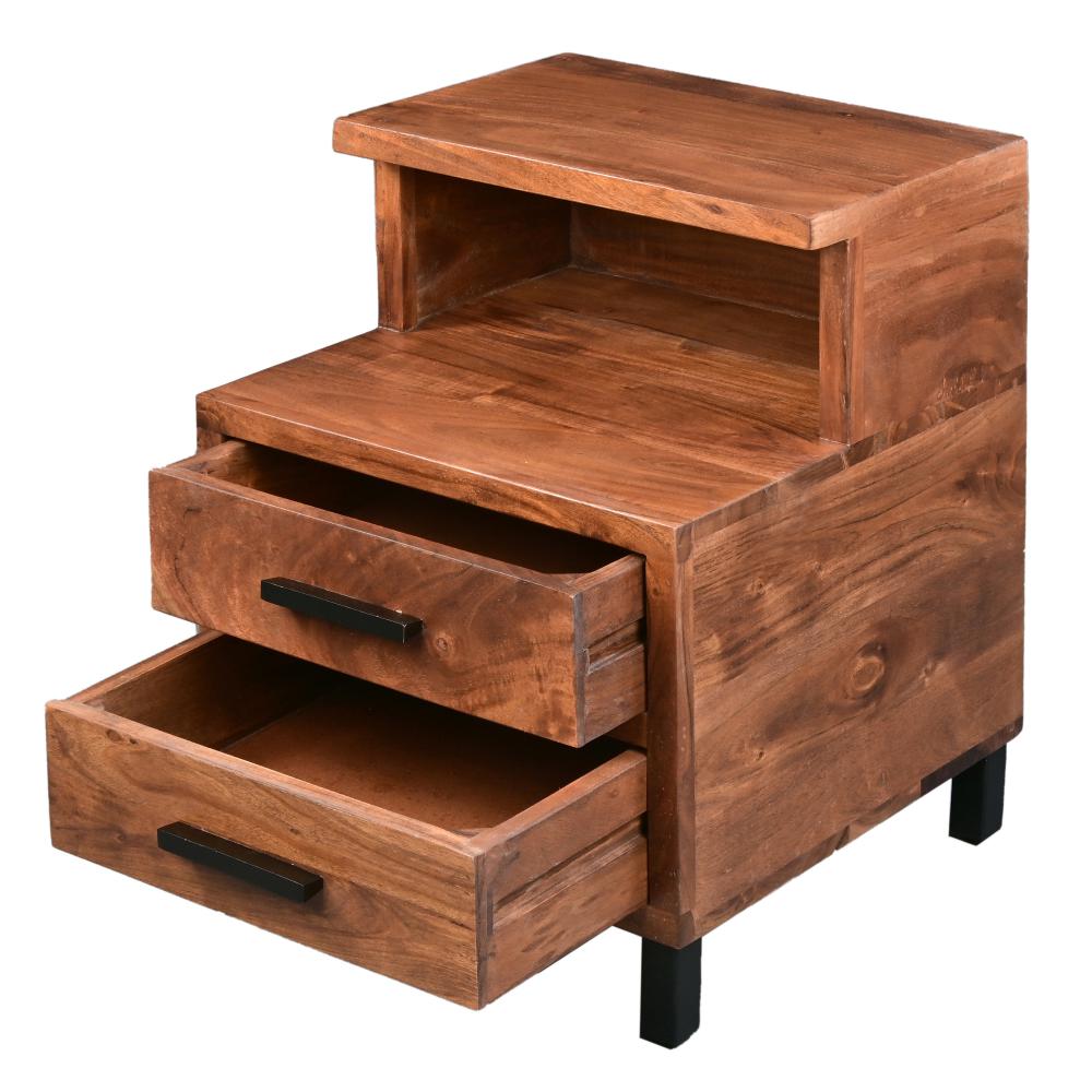 22 Inch Acacia Wood Nightstand, Bedside Table with 2 Drawers and Open Cubby, Walnut Brown - UPT-272520