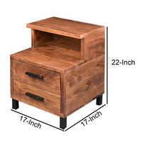 22 Inch Acacia Wood Nightstand, Bedside Table with 2 Drawers and Open Cubby, Walnut Brown - UPT-272520