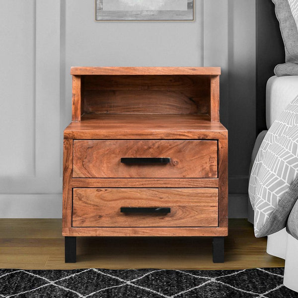 22 Inch Acacia Wood Nightstand, Bedside Table with 2 Drawers and Open Cubby, Walnut Brown - UPT-272520
