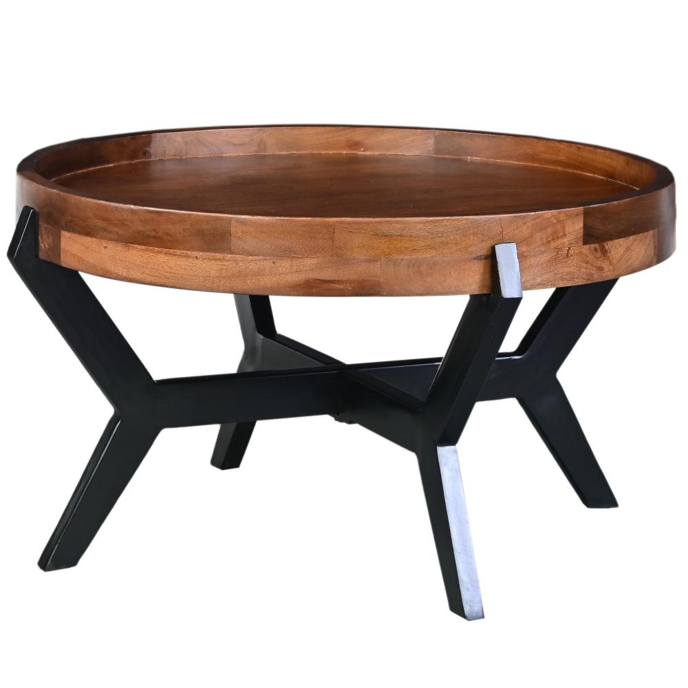 30 Inch Industrial Round Acacia Wood Tray Coffee Table with Flared Metal Legs, Brown and Black - UPT-272522