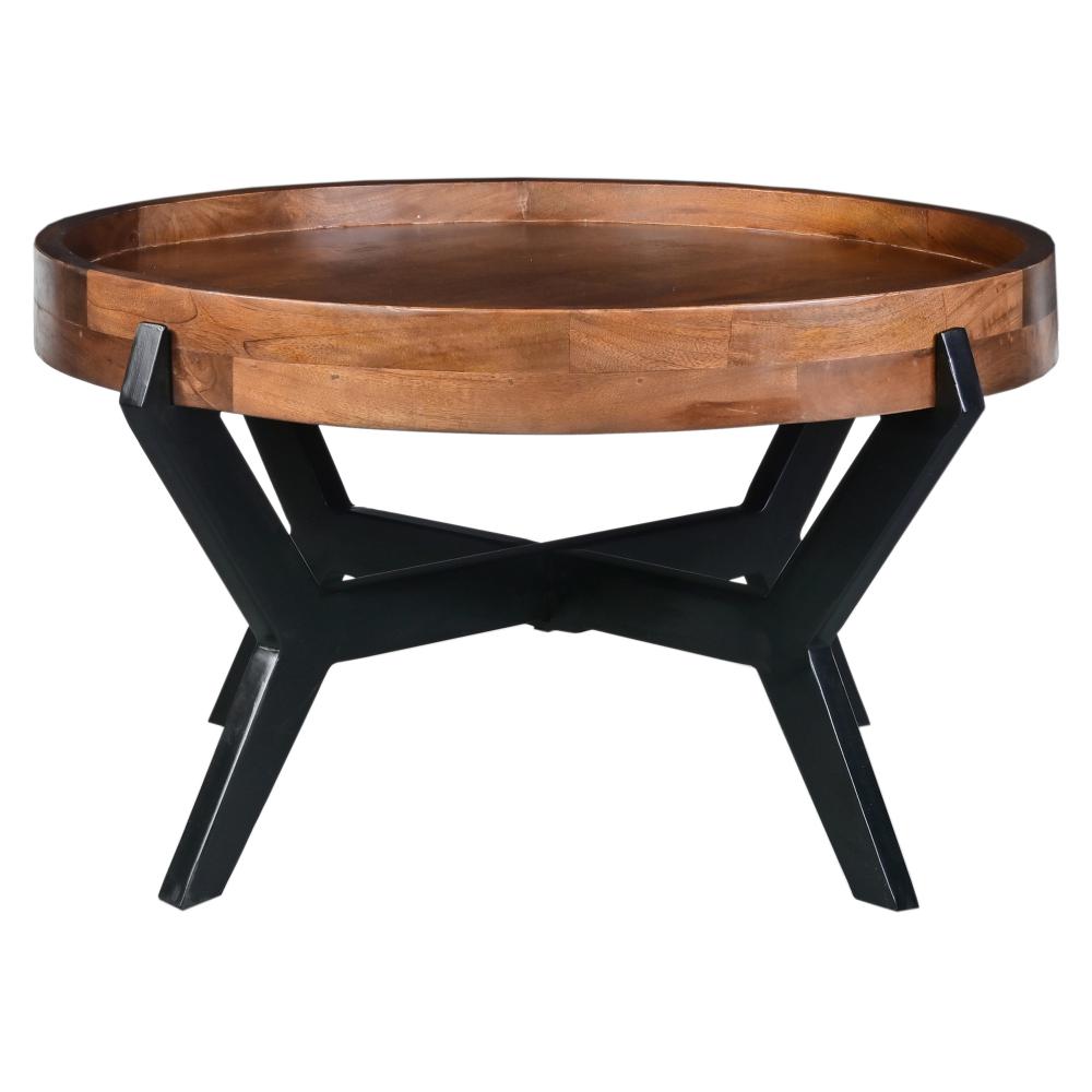 30 Inch Industrial Round Acacia Wood Tray Coffee Table with Flared Metal Legs, Brown and Black - UPT-272522