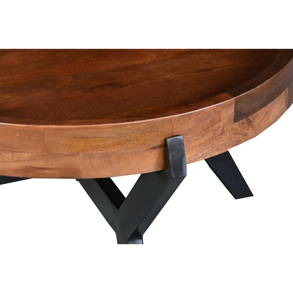 30 Inch Industrial Round Acacia Wood Tray Coffee Table with Flared Metal Legs, Brown and Black - UPT-272522