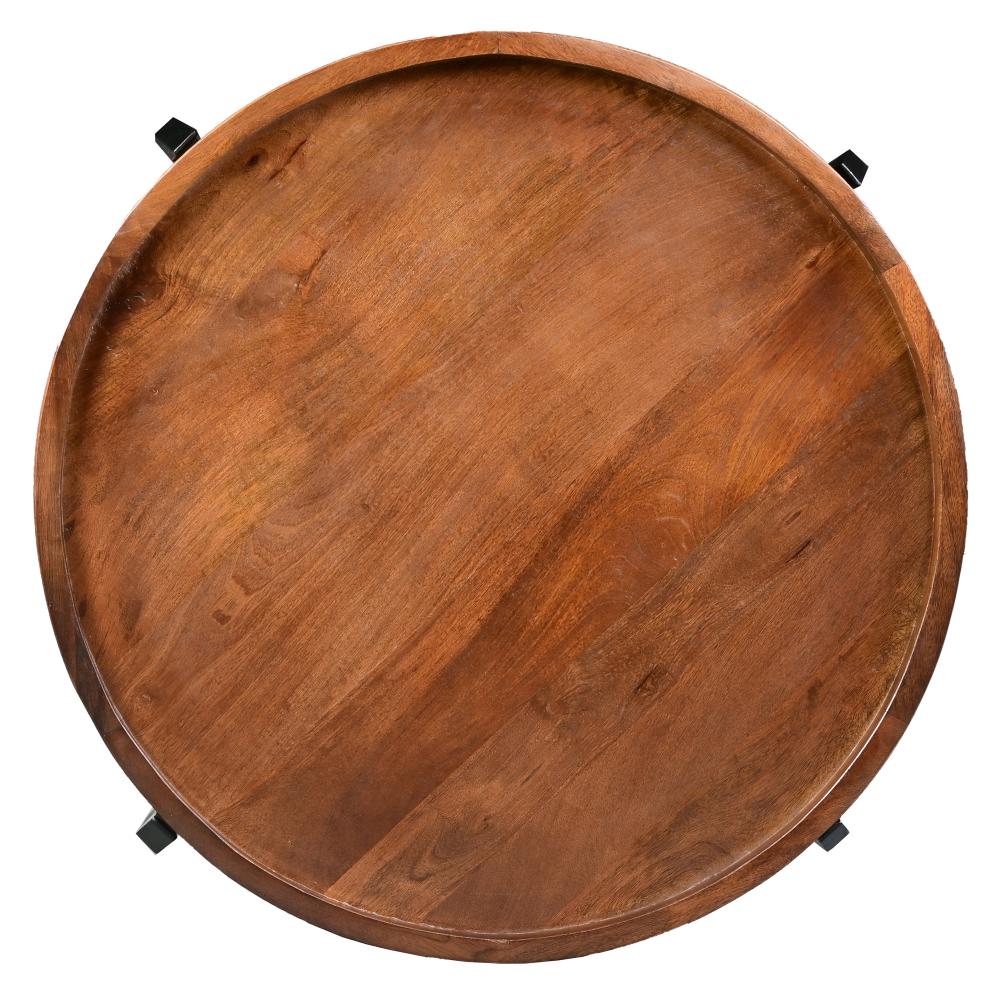 30 Inch Industrial Round Acacia Wood Tray Coffee Table with Flared Metal Legs, Brown and Black - UPT-272522