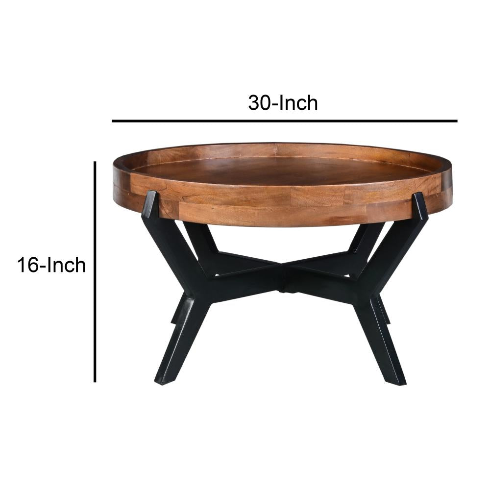 30 Inch Industrial Round Acacia Wood Tray Coffee Table with Flared Metal Legs, Brown and Black - UPT-272522