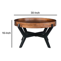 30 Inch Industrial Round Acacia Wood Tray Coffee Table with Flared Metal Legs, Brown and Black - UPT-272522