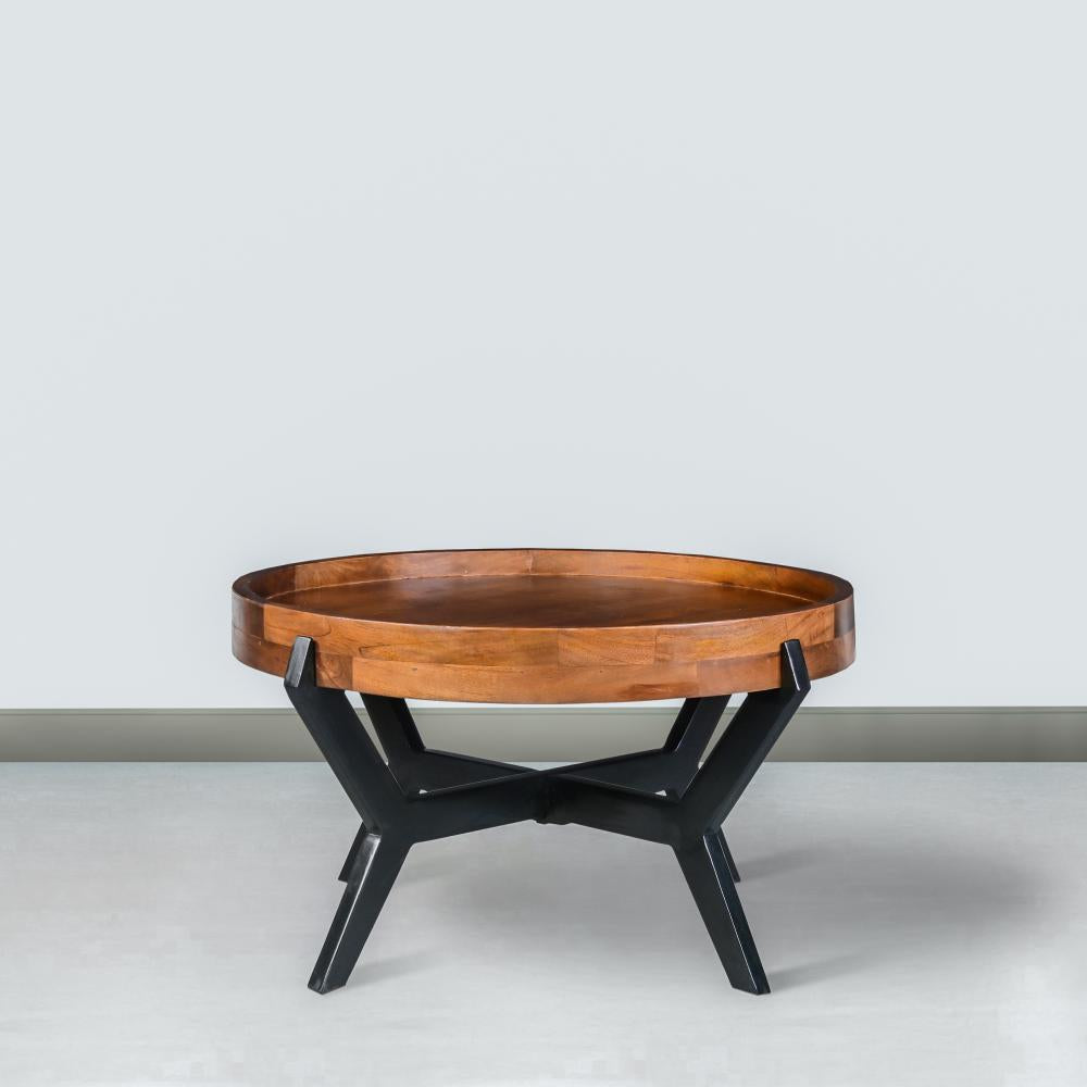 30 Inch Industrial Round Acacia Wood Tray Coffee Table with Flared Metal Legs, Brown and Black - UPT-272522