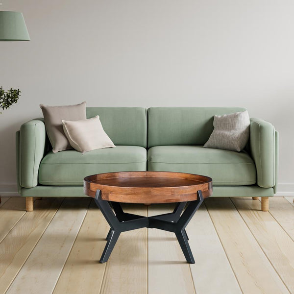 30 Inch Industrial Round Acacia Wood Tray Coffee Table with Flared Metal Legs, Brown and Black - UPT-272522