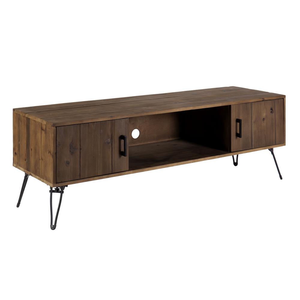 Clive 60 Inch Reclaimed Wood Rectangular Farmhouse TV Stand Media Console, 2 Doors, Iron Legs, Natural Brown- UPT-273092