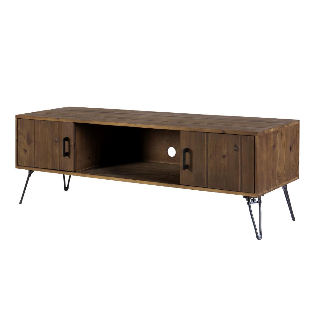 Clive 60 Inch Reclaimed Wood Rectangular Farmhouse TV Stand Media Console, 2 Doors, Iron Legs, Natural Brown- UPT-273092