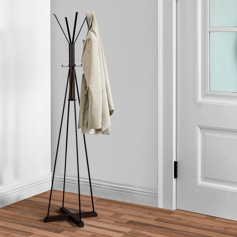 Wood and Metal Frame Coat Rack with 5 Removable Hooks, Brown and Black -  BM195870